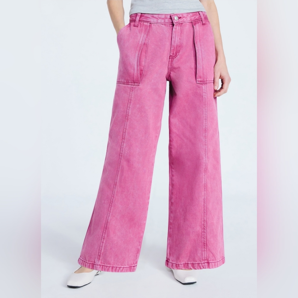 Scoop Pink Wide Leg Jeans Acid Wash Utility Pockets Mid Rise NWT